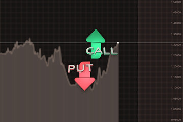 Put and call color arrows binary option chart on brown. 3D illustration