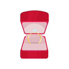 Wedding ring in red box with diamond love marriage celebration jewelry marry gold symbol jewellery vector illustration.