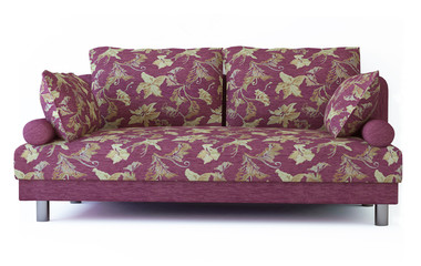 Fabric armchair sofa in a slightly primitive style. Upholstery material with pattern