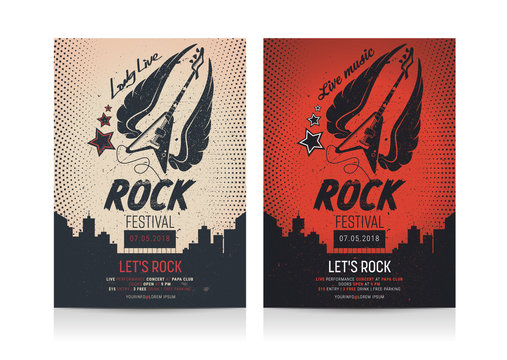 Set of Rock Festival Flyer templates. Mockup Vector illustration.