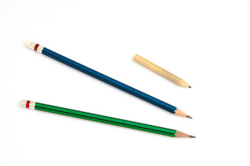 Top view group of colorful wooden pencil isolated on white background. (Selective focus)