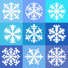 Set of 9 abstract, fictional, white snowflakes. Vector illustration.