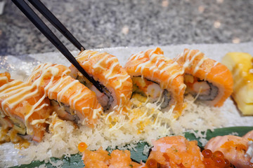 Sushi sashimi and sushi rolls set