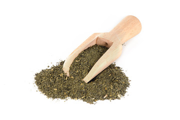 Pile of green tea isolated on white background.