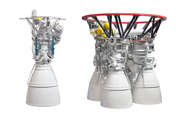 Rocket engines, engine with one nozzles and engine with four nozzles. Isolated on white backgroung