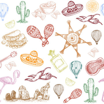 hand drawn sketch illustration Mexico seamless pattern