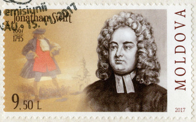 MOLDOVA - 2017: shows Jonathan Swift (1667-1745), author, poet, series Eminent personalities © Popova Olga