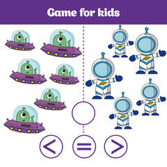 Education logic game for preschool kids. Choose the correct answer. More, less or equal Vector illustration. Cosmos design
