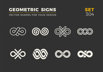 Set of eight minimalistic trendy shapes. Stylish vector logo emblems for Your design. Simple geometric signs collection.