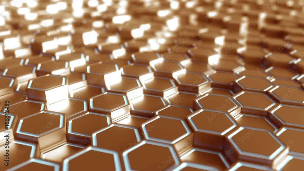 Poster futuristic bronze and blue hexagonal prisms motion background, seamless loop