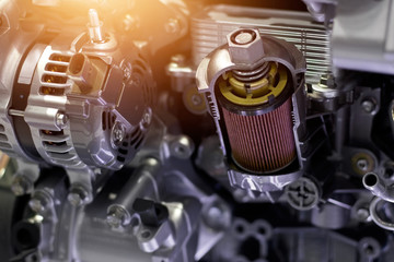 Car engine part, concept of modern vehicle motor and cut metal car engine part details