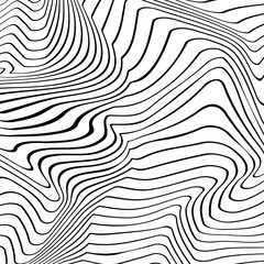 Abstract vector texture of curving lines, black and white narrow stripes, visual halftone effect, illusion of movement, op art pattern, dynamical ripple surface, artistic monochrome background