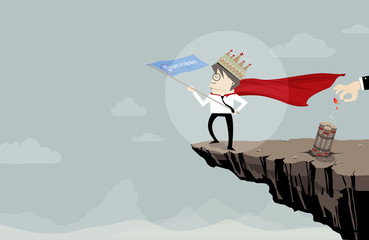 Fototapeta premium Super businessman with crown and flag of success on the cliff, but dynamite behind him, Illustration flat image