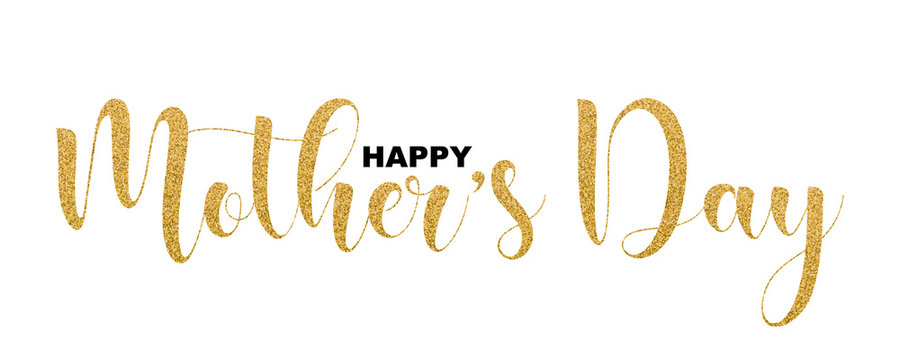 Happy Mother's Day, beautiful lettering isolated on white background, vector illustration. Gold glitter handwriting letters, trendy design text for banners, greeting cards, web.