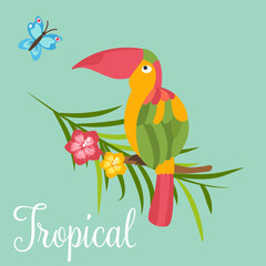 Image of bright tropical bird on palm branch
