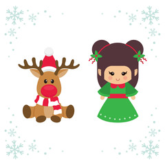 cartoon christmas deer and christmas elf