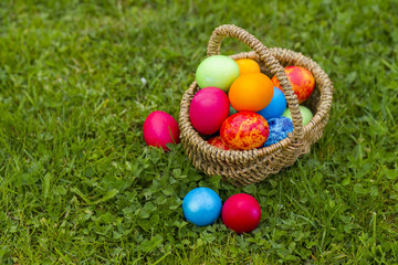 Happy Easter, colorful eggs in a basket