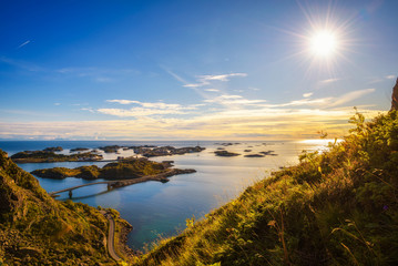 Fototapeta premium View from mount Festvagtind above the village of Henningsvaer, Norway