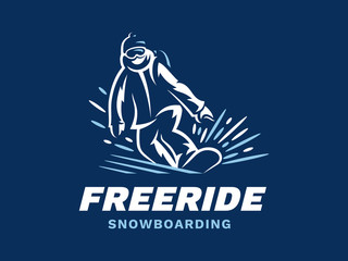 Snowboarding freeride powder logo - vector illustration, emblem design on blue background