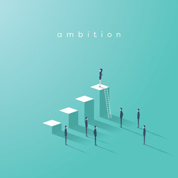 Business woman ambition and leadership vector concept. Businesswoman standing on top of graph as symbol of emancipation, equality, gender, feminism in business.