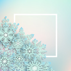 Vector illustration abstract Christmas Background with volumetric snowflakes. Winter paper art design. 3D snowflakes with shadow. Xmas and new year card template (clipping mask used)