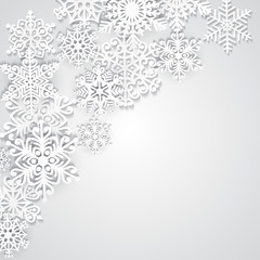 Vector illustration abstract Christmas background with volumetric snowflakes. Winter paper art design. 3D snowflakes with shadow. Xmas and new year card template