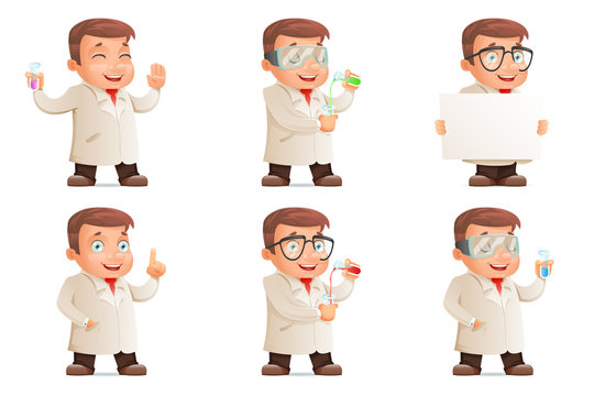 Retro 3d Scientist Young Cute Test-tube Icons Set Cartoon Design Character Vector Illustration