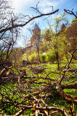 Nice panoramic view of the fortress and church Ananuri, standing on the shore of the reservoir Zhinvali. Georgia