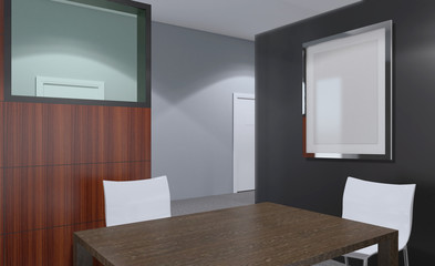 Front view of an office interior with a row of dark wood tables. 3D rendering.. Empty picture
