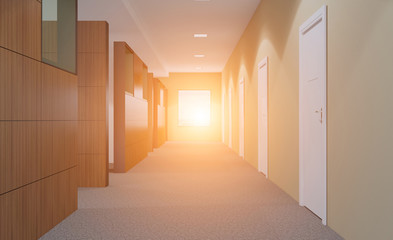 Front view of an office interior with a row of dark wood tables. 3D rendering.. Sunset