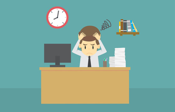 Businessman strain very headache on office table work hard.cartoon of business success is the concept of the man characters business, the mood of people,background, infographic. vector illustration
