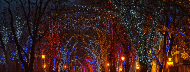 Christmas illumination on downtown street. Banner size