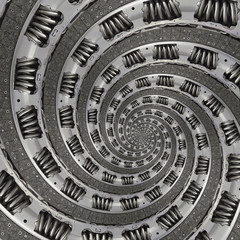 Abstract composite truck car clutch disc spiral fractal pattern background. Car clutch part twisted spiral distorted fractal background. Truck clutch disc. Industrial repetitive metallic round circle