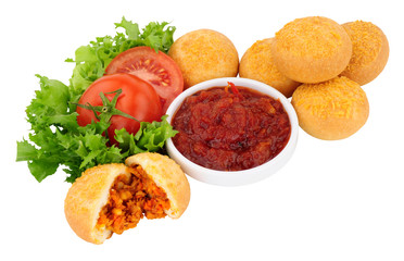 Savoury mini meat filled buffet doughnuts isolated on a white background