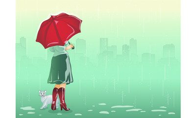 The girl and cat have hidden from a rain under a umbrella.