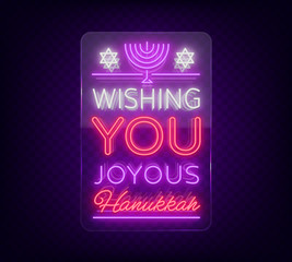 Happy Hanukkah, greeting card in a neon style. Vector illustration. Neon luminous text on the subject of Chanukah. Bright banner, luminous festive sign. Jewish holiday. Neon sign on transparent glass