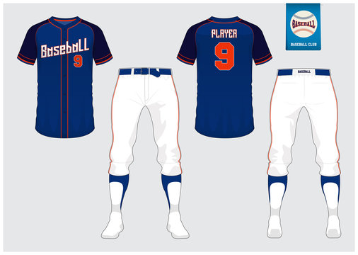 Baseball uniform, sport jersey, t-shirt sport, short, sock template. Baseball t-shirt mock up. Front and back view sport uniform. Flat baseball logo on blue label. Vector Illustration.