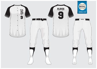 Baseball uniform, sport jersey, t-shirt sport, short, sock template. Baseball t-shirt mock up. Front and back view sport uniform. Flat baseball logo on blue label. Vector Illustration.