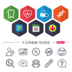 Medical icons. Pills, tooth, DNA and Cardiogram.