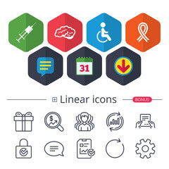 Medicine icons. Syringe, disabled, brain.