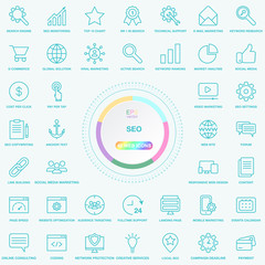 Set of Universal SEO Search Engine Optimisation Line Icons. Web, Blog And Social Media Buttons. EPS10 Vector Illusitration Isolated On Background.