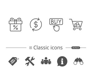 Shopping cart, Discount Box and Sale icons.