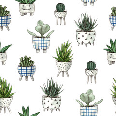 watercolor home plants. seamless pattern with white background