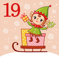 Vector christmas advent calendar in childrens style. The elf rides the sleigh on the snow and holds a gift in his hands.
