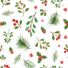 watercolor christmas plants and berries. seamless pattern on a white background.