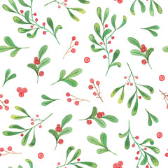 watercolor christmas plants seamless pattern