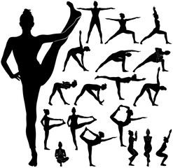 Silhouettes of slim girl practicing yoga and stretching.