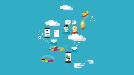 Business data analytics in flat design animation. Infographic of finance statistics, web search analysis, database research.- stock footage - Powered by Adobe