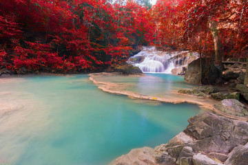 Waterfall at colorful autumn forest. Waterfall beautiful in southeast asia.