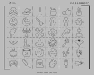 Collection of 36 halloween icons. Vector illustration in thin line style